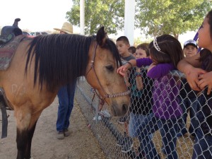 children say hello to a horse