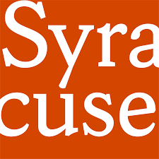 The word Syracuse in white letters against orange background