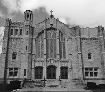 Black and white picture of a brick church
