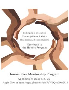 Poster for Honors Peer Mentorship Program. Image of hands making a circle