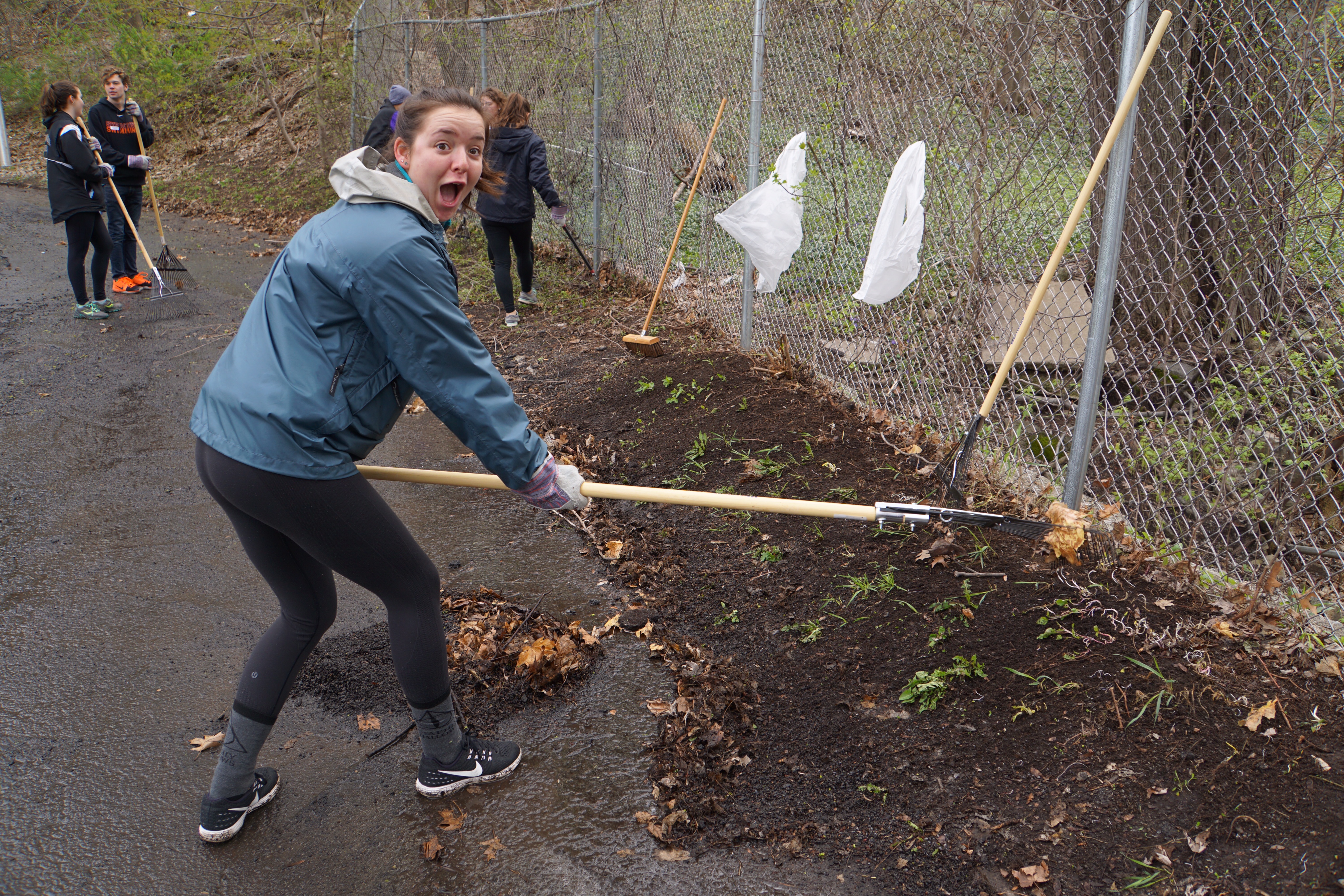 young woman raking soil