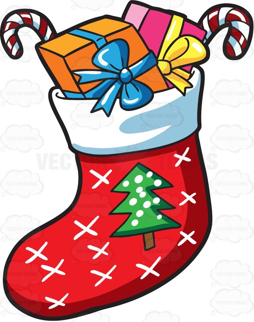 cartoon Christmas stocking stuffed with wrapped gifts