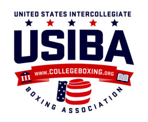 United States Intercollegiate Boxing Association logo--blue capital letters over stars and stripes boxing glove