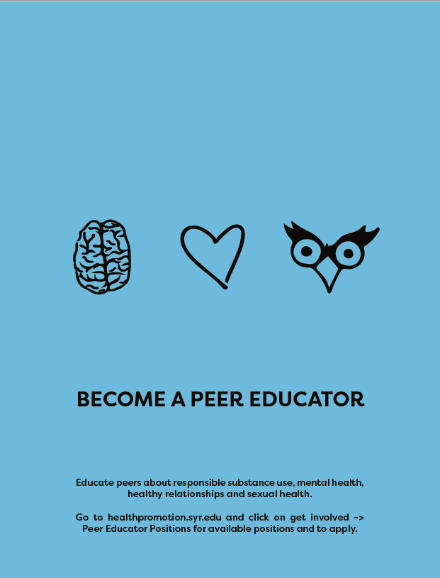 blue background with three tiny drawings: brain, heart, owl eyes and the words "Become a Peer Educator"
