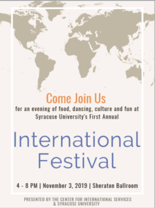 International Festival poster with information from text of webpost and image of contents in grey shadow