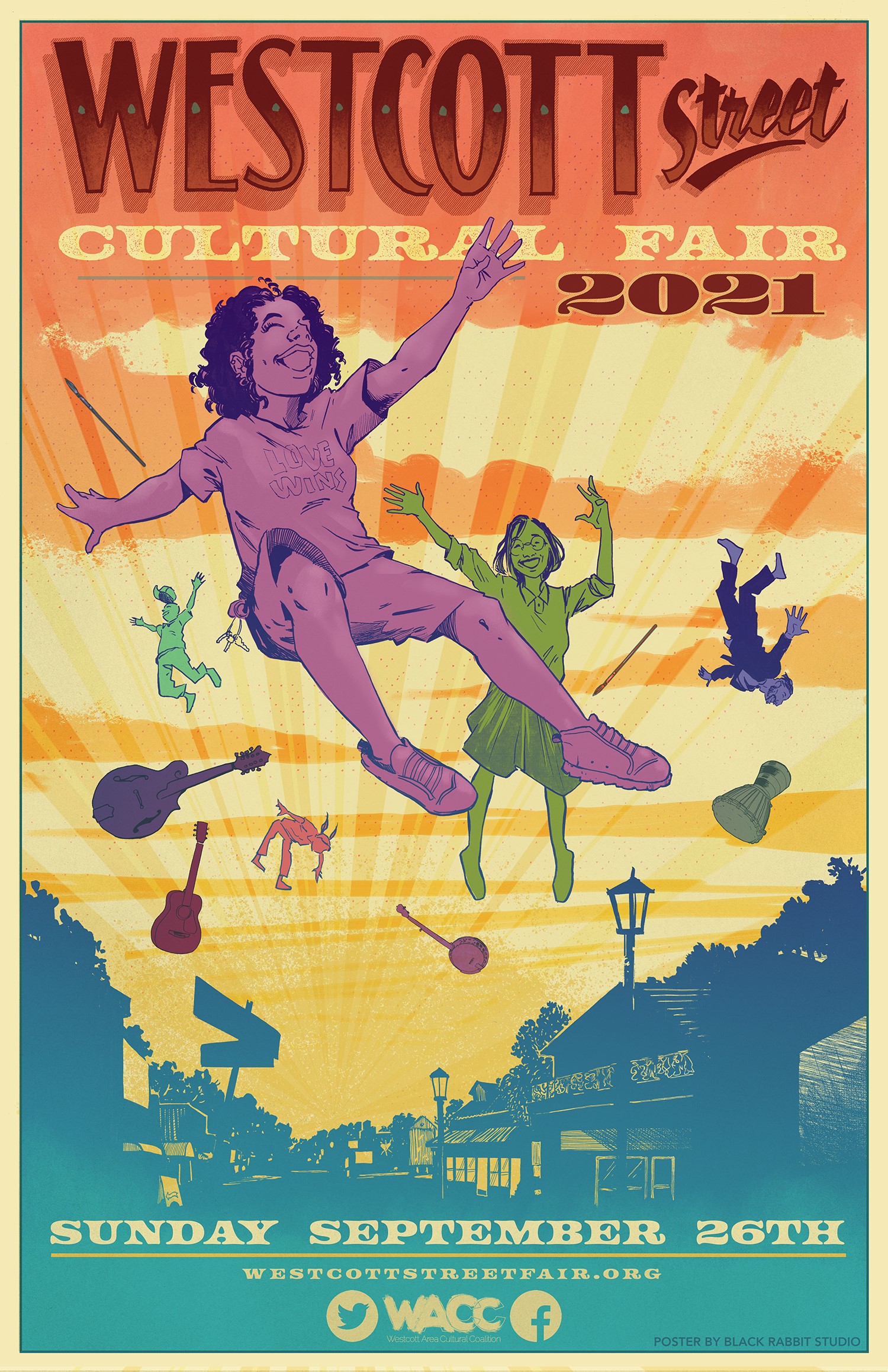 Westcott Street Fair poster, coloful cartoon with people and floating instruments in the air