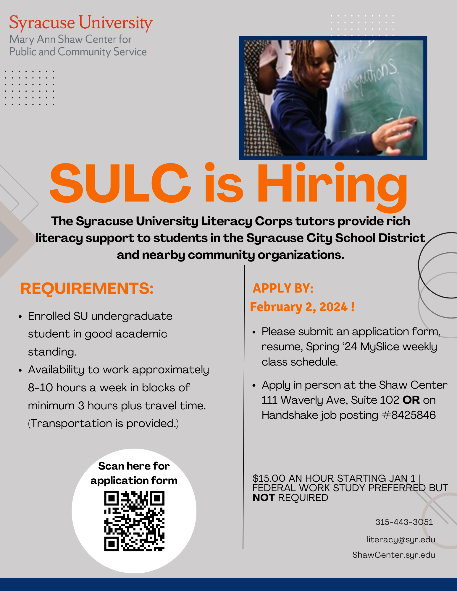Syracuse University Literacy Corps flyer with Spring 2024 application details