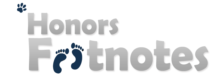 Honors Footnotes logo with human feet and dog paw footprints