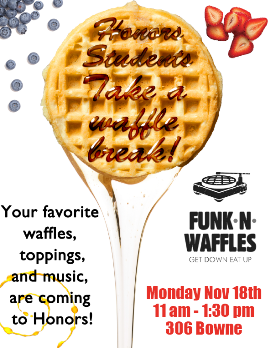 image of a waffle with syrup, toppings, and the funk n waffles logo