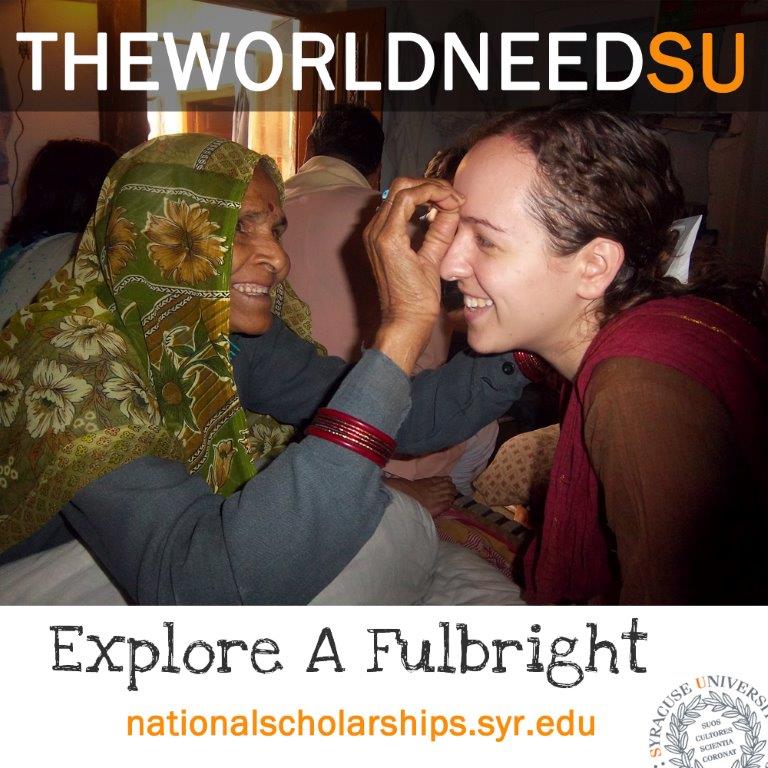 Student interacting with older woman with text "The World Needs U" and "Explore a Fulbright."