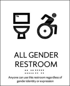 Drawing of toilet and person in wheelchair. Text is below reading "All Gender Restroom. Anyone can use this restroom regardless of gender identity or expression." Includes braille.
