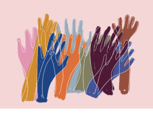 colorful drawing of multiple hands raised