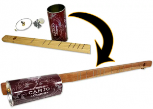 Picture of a musical instrument made of a can, a wooden dowel and one guitar string--a canjo