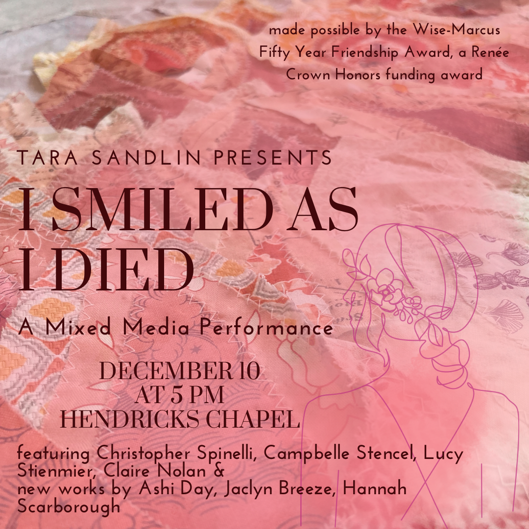 "I smiled as I Died" details of performance which are included in post, printed over a pink fabric background