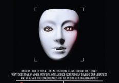 Movie poster for film--black background with a white face mask surrounded by information about the film