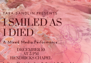 "I smiled as I Died" details of performance which are included in post, printed over a pink fabric background